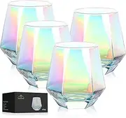 [DIEWEISIMI] Stemless Wine Glasses Set of 4, Modern Rainbow Diamond Wine Glass, Lead-Free Premium Crystal Iridescent Wine Glasses Set for Daily Use Wedding Anniversary or Birthday Gift