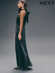 Navy Blue Textured Satin Halter Sleeveless Midi Dress (AT3355) | $103