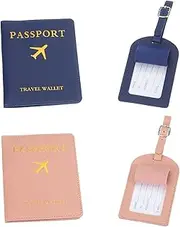 [uxcell] Passport Holder with Luggage Tag, 2 Set of Leather Travel Passport Cover Wallet with Suitcase Tag Travel Accessories for Men Women Airplane, Pink/Dark Blue