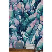 Rainbow leaf Colorful wall mural Watercolor removable wallpaper Blue pink