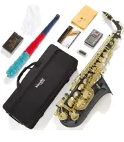 Mendini By Cecilio Alto Tenor Saxophone for Beginners Black w/ Gold Keys, Tuner