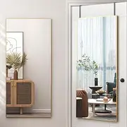 [LVSOMT] Full Length Door Mirror 47" x 22", Over The Door Hanging Mirror, Full Body Mirror, Wall Mounted Mirror Horizontal/Vertical, Back Of Door Full Size Mirror for Bedroom Bathroom Living Room (Gold)