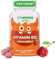 VitaWorks Kids Vitamin B12 1000 mcg Chewable Tablets - Tasty Natural Cherry Flavor - Vegan, GMO-Free, Gluten Free, Nut Free - Dietary Supplement - Cellular Energy Vitamins for Children - 120 Chewables