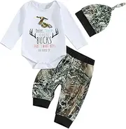 [Chloefairy] Newborn Baby Boy Hunting Clothes Deer Mallard Duck Romper Bodysuit and Jungle Camo Pants Set Outfit with Hat