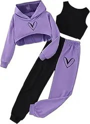 [Hilinker] Girls Graphic 3 Piece Outfits Workout Crop Hoodie Ribbed Tank and Sweatpants Set