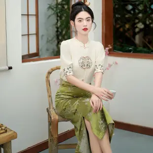 新中式國風刺繡拼接襯衫女新款高級感復古盤扣小衫上衣搭配半身裙
