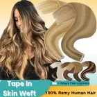 100% Remy Human Hair Extensions Full Head Tape Glue in Skin Weft Highlight 22"