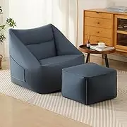 EdNey Bean Bag Chair Cover (No Filler), Microfiber Leather Fabric Beanbag Lazy Sofa Cover for Teens, Adults,Blue,Square
