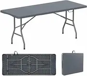 Costway 180cm Outdoor Portable Folding Table, 160kg Fold-in-Half Table w/HDPE Tabletop, Safe Lock Mechanism, Patio Folding Dining Table w/Carrying Handle for Party, Picnic, Camping (Gray)