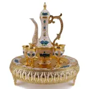 Turkish Coffee Cup and Tea Pot Set Including Teapot,Tea Tray,6 Metal Cups,Tea...