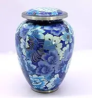 eSplanade Metal Cremation Urn Memorial Jar Pot Container | Full Size Urn for Funeral Ashes Burial | Swirl Leaves Printed Urn | Green - 10" Inches (Blue)