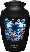 Blue Butterfly and Flower Cremation Container for Human Ashes – Large Decorative Memorial for Adults – Funeral Keepsake for Women or Men