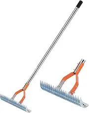 Thatch Rake, 37.5 CM Wide Dethatcher Rake with Stainless Steel Handle, Metal Lawn Thatching Rake for Cleaning Dead Grass, Lawn loosening Soil Rake for Lawn Care, Clippings, Leaves Cleaning