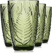 Green Drinking Glasses Set Of 4-12 Oz Hand Blown Vintage Drinking Glasses, Boho Aesthetic Antique Glassware, Colored Cute Glass Cups, Textured Highball Water Tumbler, Unique Retro Drinkware Gift