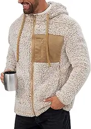 [VOGSTART] Men's Sherpa Zip Jacket, Blurred Fleece Hoodie, Thermal Cardigan with Pocket (S-XXL), brown, L