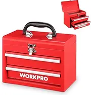 [WORKPRO] Portable Mini Tool Box, 2 Drawers Metal Tool Chest with Ball Bearing Slides, Top Storage and Lockable Latches, Ergonomic Carrying Handle, Mechanic Toolbox with PVC Liners and PP Feet Pads
