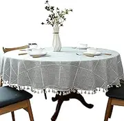 Heavy Weight Cotton Linen Tablecloth, Plaid Tassel Round Table Cover for Kitchen Dining Room Tabletop Decorations, Round - 63", Grey