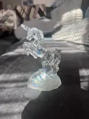 Unicorn Fenton Glass Crystal Figurine w/ Iridescent Base & Blue Pendant Vintage