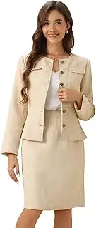 [Allegra K] Women's 2 Piece Outfit Tweed Peplum Collarless Blazer Jacket Skirt Sets, Beige, S