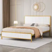 Levede White Double Bed Frame Queen Metal Leather Soft Headboard Storage Gold