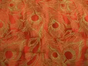 Cotton Fabric Shiny Gold Peacock Plume Feathers On Red Joanns BTYx44