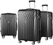 [Wanderlite] Luggage Set 3pcs Black Suitcase Hand Luggages Travel Hard Case Hardside Shell, Lightweight Trolley Carry On Bag Rolling, Small Medium and Large TSA Lock
