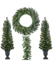 Sterling Tree Company Assorted Set Of 4 Vancouver Pine Seasonal Entryway Greenery Includes 2 Potted Trees, 1 Garland, And 1 Wre