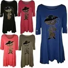 Ladies Plus Size Cat Print Diamante Detail Flared Hanky Hem Tunic Top