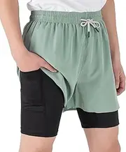 [TLAENSON] Boys Running Shorts with Liner Kids 2 in 1 Quick Dry Workout Athletic Shorts with Pockets