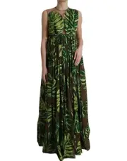 Dolce&Gabbana Women Green Dress Silk Banana Leaf Print A-Line Midi Gown Sz IT 40