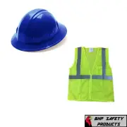Blue Full Brim Safety Hard Hat with Hi-Vis Lime Vest Construction