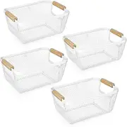 Ziliny 4 Pcs Metal Wire Basket with Wooden Handles Mesh Steel Storage Organizer Bin Containers for Home Organizing Cabinet Pantry Closet Kitchen Fridge Fruit Makeup Snacks Gifts(Small,Cream White)