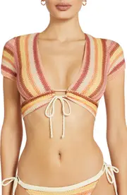 Robin Piccone Lyra Stripe Cap Sleeve Bikini Top in Blush at Nordstrom, Size Medium