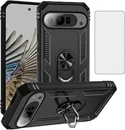 Phone Case for Google Pixel 9/9 Pro 5G with Tempered Glass Screen Protector and Stand Ring Holder Hard Shockproof Magnetic Metal Heavy Duty Cell Accessories Pixel9 9Pro Nine Women Men Black