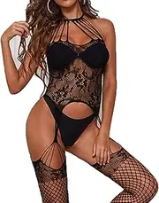 [pekichichi] Exotic Lingerie with Stockings Black/Red Fishnet Bodysuit Crotchless Body Stocking Lingerie for Women