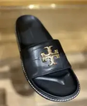 TORY BURCH EVERLY ANATOMIC LUG LEATHER BLACK SLIDES