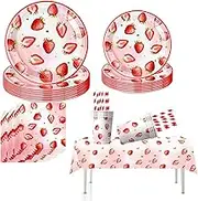 61PCS Strawberry Theme Birthday Party Tableware Set Strawberry Birthday Decorations Camping Birthday Party Supplies Paper Plate Cup Napkin Tablecloth Straw Adventure Fruit Party Table Decor