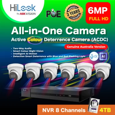 6MP Hilook By Hikvision : 4K NVR 8 Channels+4TB HDD+6 pcs. IP Camera Color