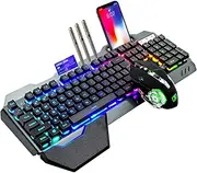 Wireless Gaming Keyboard and Mouse,RGB Backlit Rechargeable Keyboard Mouse with 5000mAh Battery Metal Panel,Removable Hand Rest Mechanical Feel Keyboard and 7 Color for PC Gamers (Black Rainbow)