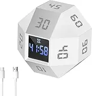DJAPWPX Cube Timer, ABS Rotating Pomodoro Timer, Time Management Cube with 12 Side Time Module, Rechargeable Pomodoro Timer, 3 Alarm Reminder Modes Cube Timer Suitable for Bedroom (White)