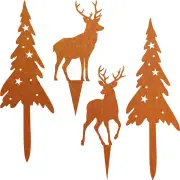 Pack of 4 Rust Stake Christmas Tree and Deer Christmas Decoration Rust Garden Stakes Christmas Trees Reindeer Christmas