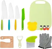 US 13Pcs Kids Kitchen Cutter Set with Gloves Serrated Edge Cutter Cutting Board Portable Safe Kids Cooking Cutter with Potato Slicer Bear Sandwich Wooden Cutter Reusable for Real Cooking Kitchen