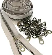 SHUNLI #5 Metallic Nylon Coil Zippers by The Yard,Antqiue Brass Teeth/Beige Zipper Tape,Bulk 10 Yards with 25 PCS Sliders Pulls,for DIY Tailor Sewing Crafts Bags Purses Clothing