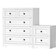 [ALFORDSON] Chest of 5 Drawers Dresser＆2 Drawers Bedside Table Combo Set, Wooden Hamptons Tallway Dresser,Storage Cabinets for Hallway, Entryway, Bedroom, Living Room, White