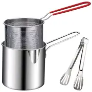 Deep Frying Pot with Strainer & Food Tongs Stainless Steel Portable Cooking Pot