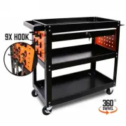 3-Tier Drawer Tool Storage Trolley Workshop Cart Steel Mechanic Pegboard Hooks