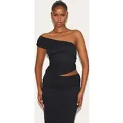 Black Onion Skin Ruched Side Asymmetric Top, Black