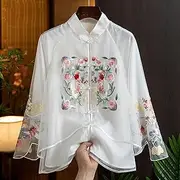 [JIMINISO] Retro Chinese Style Embroidered White Shirt for Women in Spring Elegant Traditional Tang Decoration Green White Top