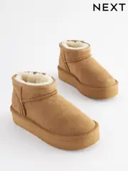 Tan Brown Standard Fit (F) Flatform Mini Warm Lined Water Repellent Suede Pull-On Boots (Q97834) | $57 - $72