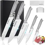MOSFiATA Kitchen Knife Set - Stainless Steel, 5-Piece Set With Chef's, Santoku, Utility, Bread & Paring Knives, Finger Guard, Gift Box